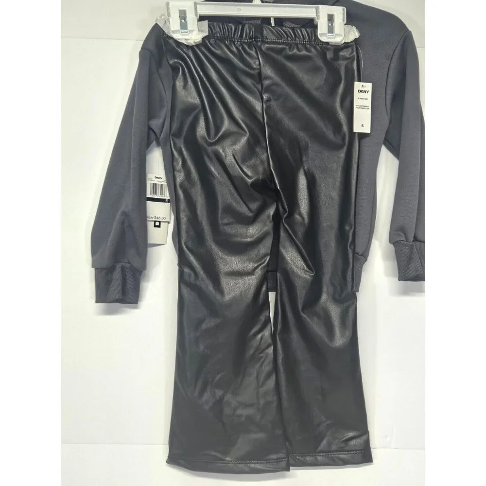 DKNY Girls S- 5‎ 2Pc Outfit, Sparkling Stone Logo Sweatshirt, Black Flared Pants